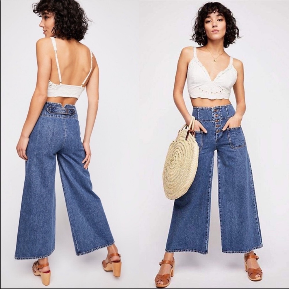 Free People Wide Leg Cropped Button Fly Jeans Size 27